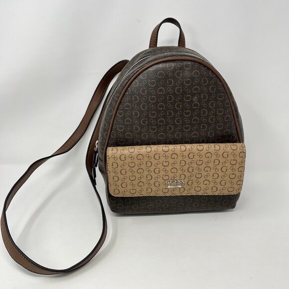 Small Guess Los Angeles Backpack Purse Bag Handbag Brown/Beige Logo'd Stylish - Picture 1 of 16